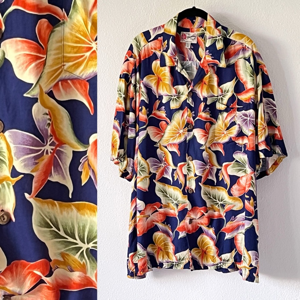 Hilo Hattie Men's Hawaiian Floral Leaves Button Up Shirt Size 3XL Made in Hawaii